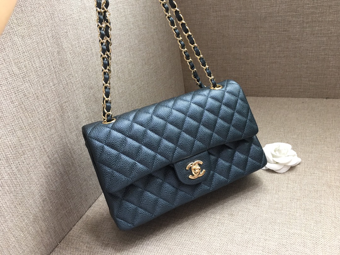 Medium Classic Flap Caviar Bag A01112 Dark Blue/Gold